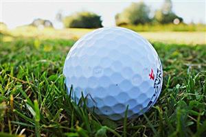 Close-up of a golf ball sitting in grass.